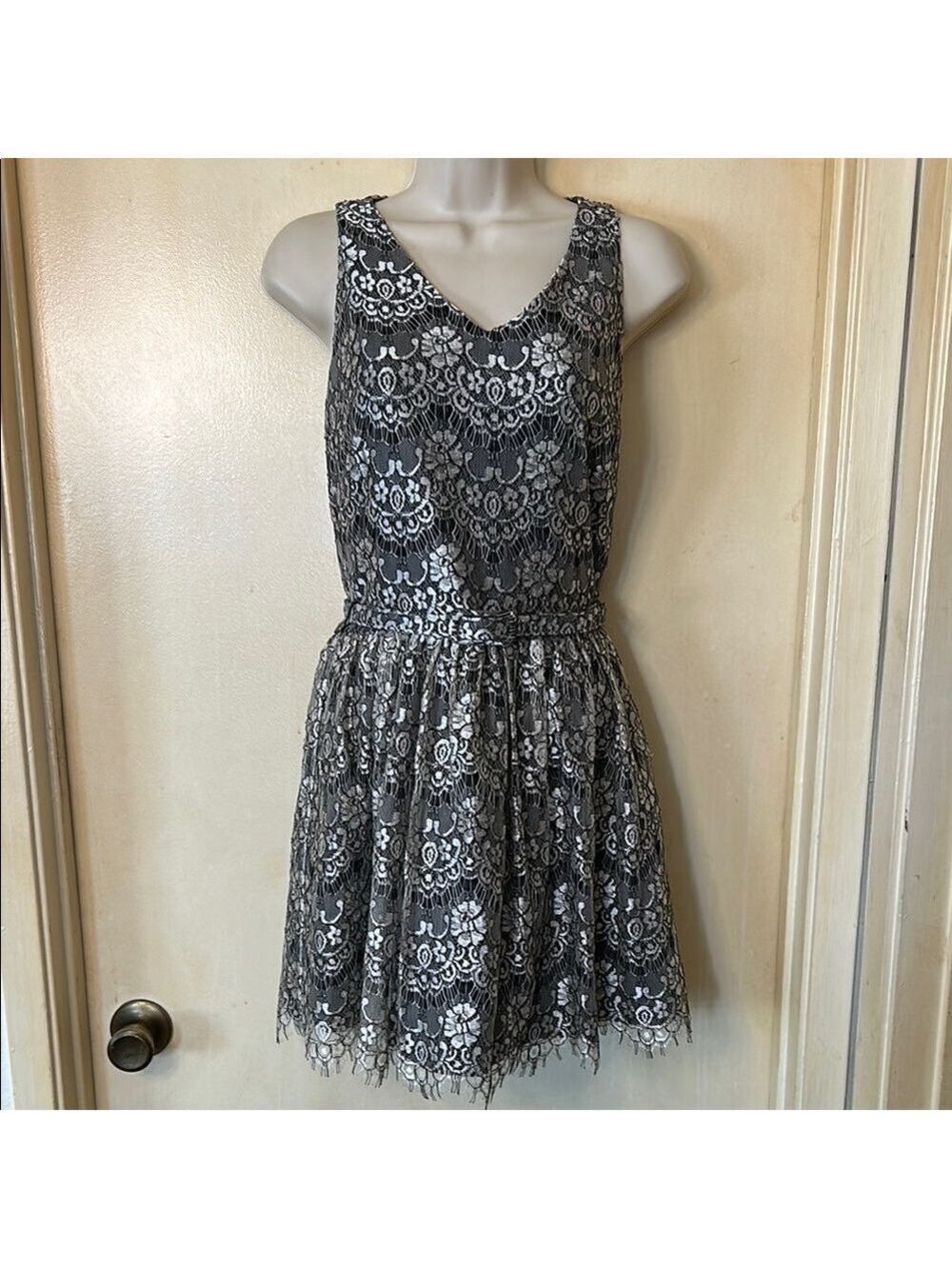Eliza J Black and Silver Scoop Neck Fit and Flare Mini Dress size 8